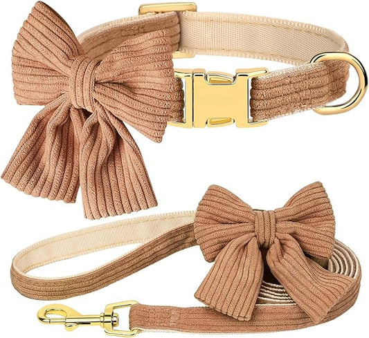 Didog Dog Collar and Leash Set with Bowtie, Girl Dog Collars Metal Buckle Adjustable for Small Medium Dogs(Brown, S)