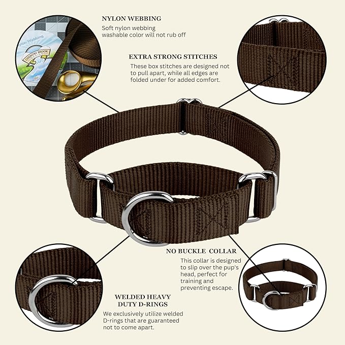 Country Brook Petz Martingale Dog Collar - Heavy-Duty Training Collar with No Buckle - Service Dog Collar for All Pups - Vibrant, Colorful Collection (Brown, 1 Inch, Extra Large)