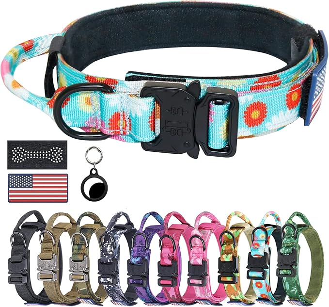 Hotsky Tactical Dog Collar, Adjustable Military Training Nylon Airtag Collar with Handle and Heavy Duty Metal Buckle for Medium Large Dogs, with Airtag Holder and Two Patches(Daisy,XL)