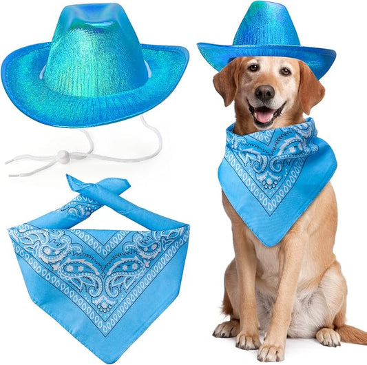 Yewong Pet Neon Sparkly Glitter Space Cowboy Hat Costume Set Dog Cat Metallic Space Shiny Cowboy Hats with Paisley Bandana West Cowboy Accessories for Pets (Metallic Blue) One Size