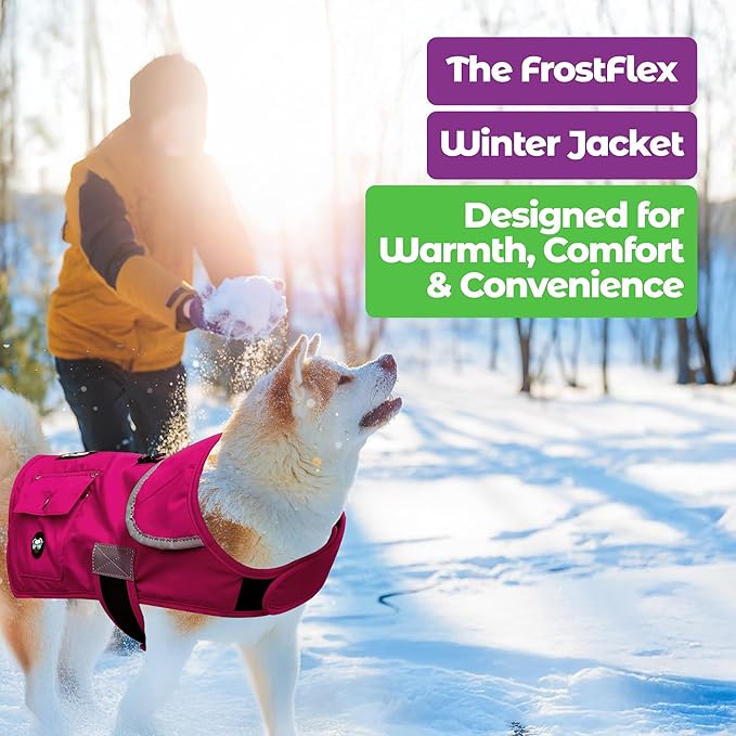 Joyride Harness FrostFlex Dog Winter Jacket - Fleece Lined & Water-Resistant - Snowsuit with Pockets for Treats & Poop Bags - Durable Cold Weather Dog Coat - Pink Berry-XS