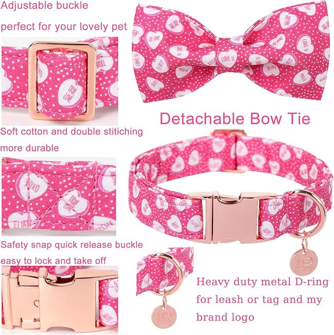 Valentine’s Dog Collar with Bow Tie, Pink Heart Bowtie Collar with Metal Buckle, Valentine’s Gift Pet Collar for Puppy Girl Boy Dog or Cat, Wedding Dog Collar,XL
