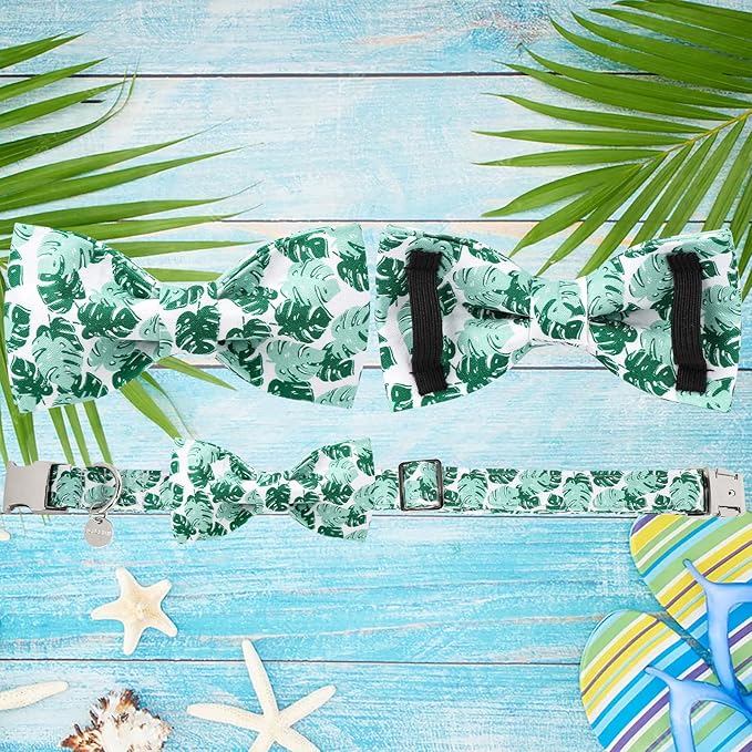 Summer Bow Tie Dog Collar, Comfortable Cotton Dog Collar with Bowtie for X-Large Dog Girl Boy, Hawaiian Dog Collar with Metal Buckle,Green, XL