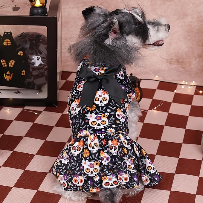 CuteBone Turtleneck Dog Velvet Dress Halloween Puppy Skirt Costume Pet Clothes Cat Apparel with Bow Hair Rope for Small Dogs CVD18M