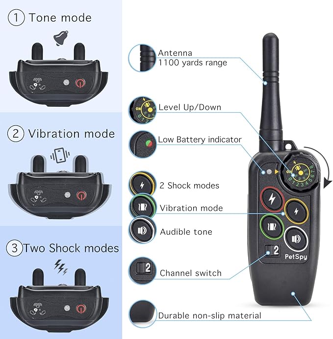PetSpy M686 Premium Dog Training Shock Collar, 1100 Yards, Medium to Large Dogs, with Vibration, Electric Shock and Beep, Waterproof, Remote Trainer (Two Dogs - Bundle)