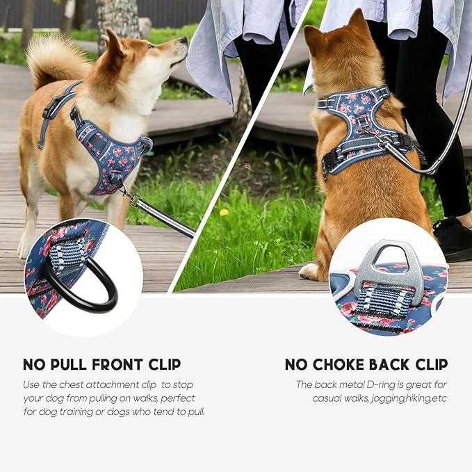 Timos Dog Harness for Medium Dogs, No Pull Service Vest with Reflective Strips and Control Handle,No Choke Dog Harness with 2 Metal Rings for Easy Walking,Outdoor Training,Flower Blue, M