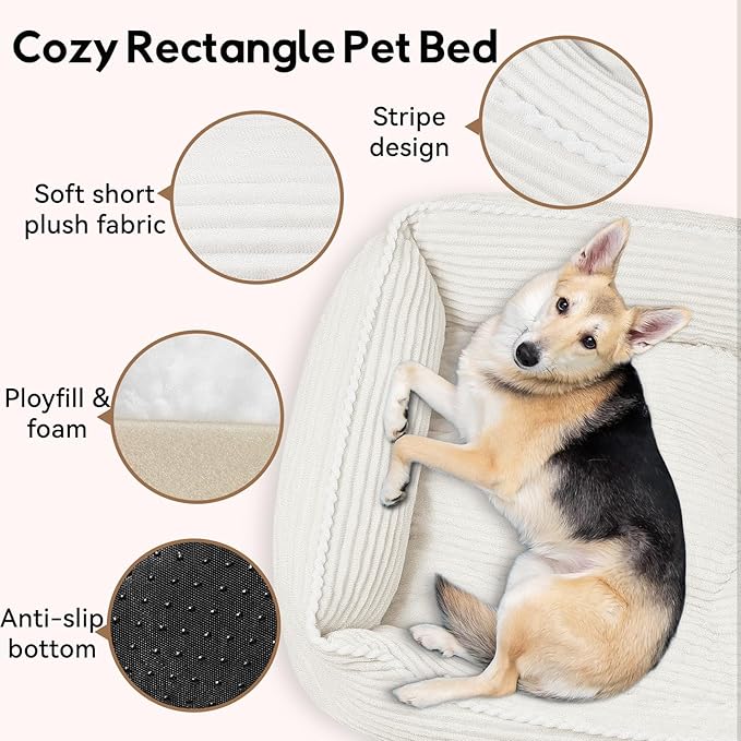 Rectangle Orthopedic Dog Bed for Large Dogs,Dog Sofa Beds Supportive Foam Pet Couch Bed with Removable Washable Mat and Nonskid Bottom (Large, Cream)