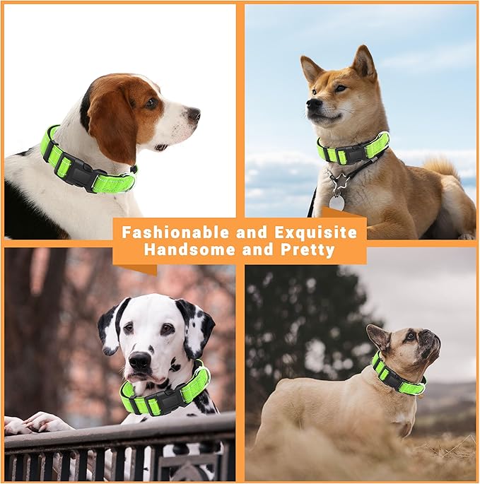 2 Pack Reflective Dog Collar with Safety Locking Buckle, Adjustable Soft Breathable Comfortable Nylon Pet Collar for Small, Medium and Large Dogs, Green, XS