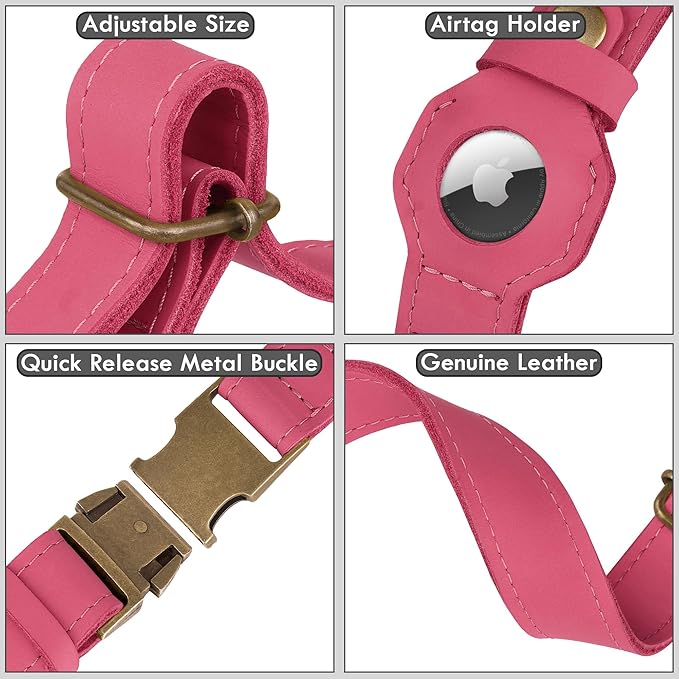 AirTag Dog Collar - Genuine Leather Dog Collar with Apple AirTag Holder and Metal Buckle - Smart GPS Tracking Pet Collars for Small Medium Large Dogs Puppy (Pink, L, 17"-21" Neck Fit)