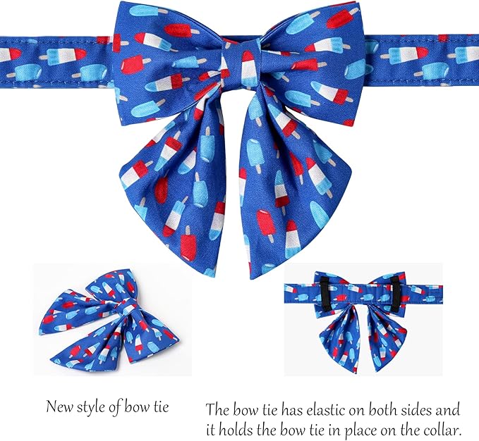 Lionet Paws Patriotic Dog Collar with Sailor Bow, 4th of July, Soft and Comfortable Adjustable Summer Popsicle Collar for Small Dogs, Neck 10-16 inches