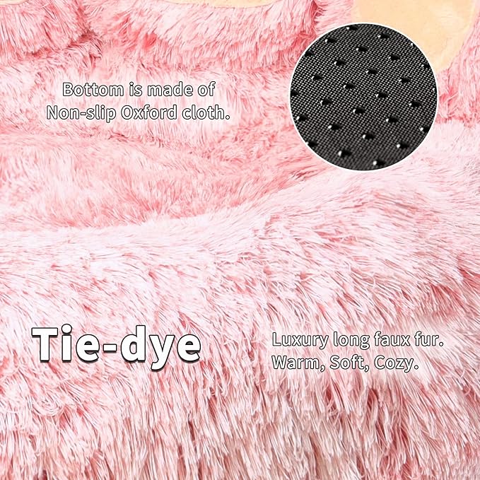 Jiupety Paw Shape Calming Pet Bed, Plush Faux Fur Donut Bed for Dogs & Cats, Machine Washable, Non-Slip Bottom, Large Size (26"×26"×8"), Pink