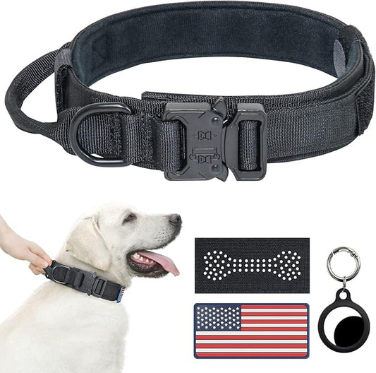 Hotsky Tactical Dog Collar, Adjustable Military Training Nylon Airtag Collar with Handle and Heavy Duty Metal Buckle for Medium Large Dogs, with Airtag Holder and Two Patches(Black,L)