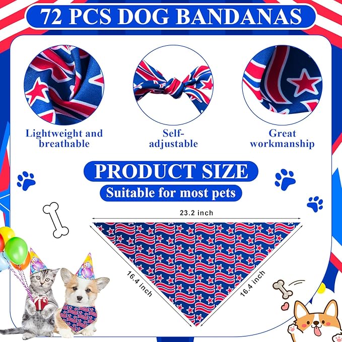 Sanwuta 72 Pcs Dog Bandana Bulk Washable Puppy Triangle Scarfs Cat Bandanas Adjustable Soft Cute Pet Triangle Bibs Accessories for Small Medium Dogs Cats Pets Costume(Independence Day Pattern)