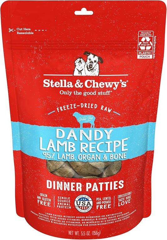 Stella & Chewy's Freeze-Dried Raw Dinner Patties - Dandy Lamb Recipe - High Protein Grain-Free Puppy & Dog Food - Perfect For Picky Eaters - 5.5 oz