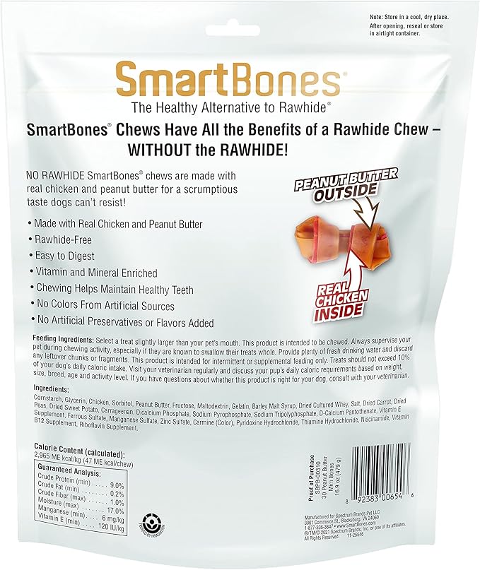 Smartbones with Peanut Butter Mini Chews 30 Count, Rawhide-Free Chews for Dogs, No Artificial Preservatives or Flavors Added, 16.9 OZ (SBPB-00310)
