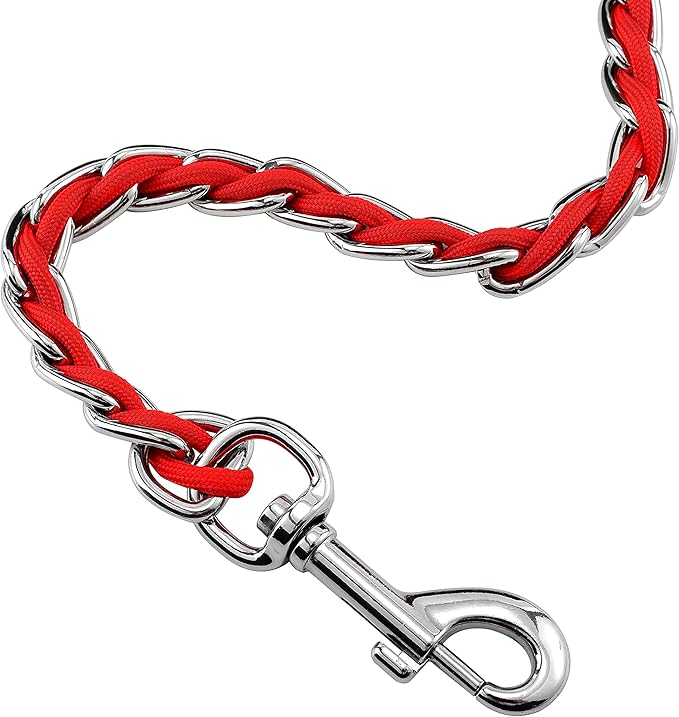 Chew Proof Metal Leash for Medium Large Dogs, 5.2FT Strong Anti Chew Chain Link Leash With Comfortable Soft Padded Handle - Red