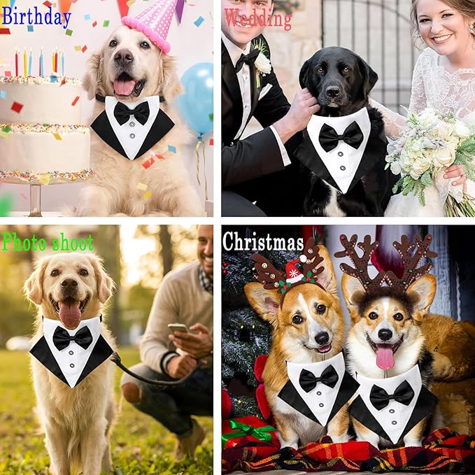 Tuxedo Costume Black Wedding Bandana Nylon Collar Suit With Bow Tie Adjustable Tux Formal Clothes for Small Medium Large Dogs Pet Halloween Birthday Christmas Dress Outfits