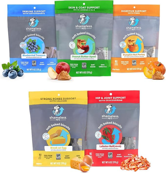 Shameless Pets Soft-Baked Dog Treats, Variety 5-Pack - Natural & Healthy Dog Chews for Small, Medium & Large Dogs - Biscuits Baked & Made in USA, Free from Grain, Corn & Soy