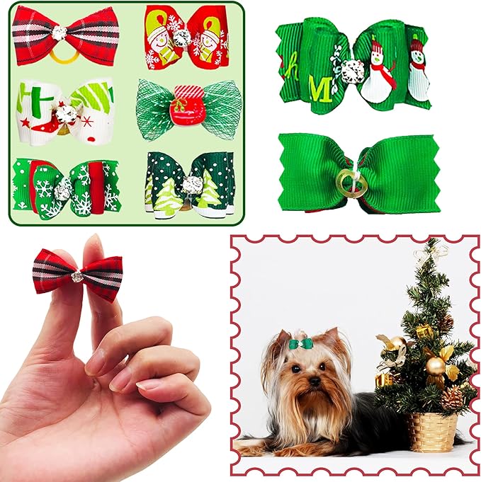 PET SHOW 50pcs Christmas Dog Hair Bows with Rubber Bands Bulk for Small Medium Dogs Xmas Holiday Puppies Cats Kittens Rabbits Topknot Grooming Costumes Hair Accessories
