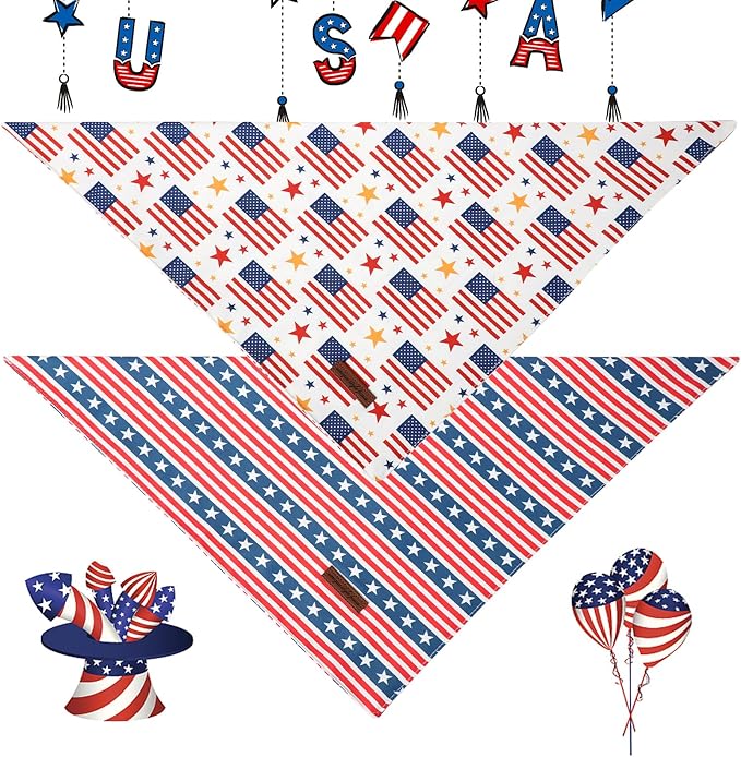 Unique Style Paws Dog Independence Bandanas 2Pcs Washable Cotton Triangle Summer Striped Star Flag Puppy Scarfs for Small Medium Large Dogs and Cats