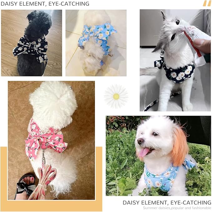 BAEJMJK Dog Harness and Leash Set with Bow Knot No Pull Pet Daisy Floral Harness with D-Ring Soft Mesh Dog Harness Vest Set Escape Proof Princess Puppy Harness for Small Girl Dogs Cats(Navy Blue S)