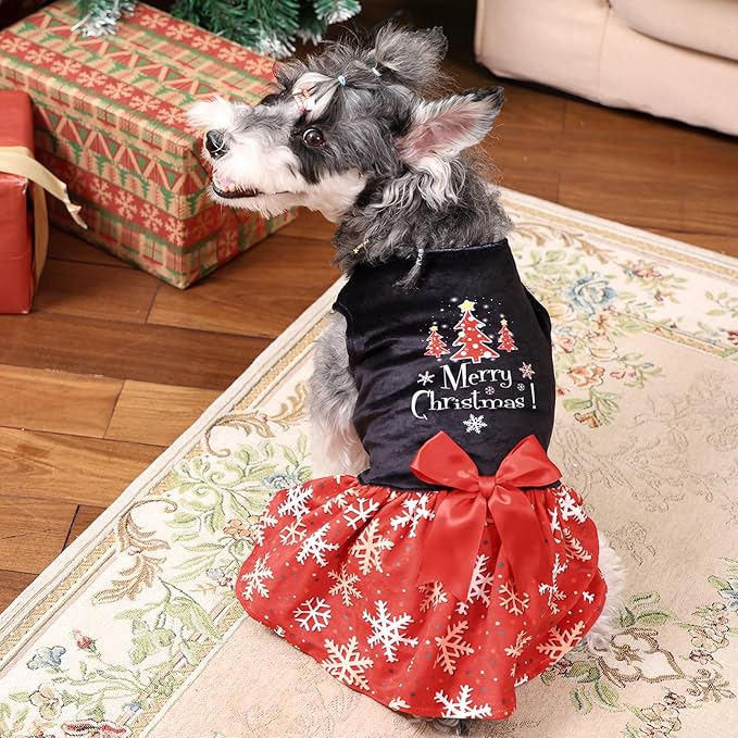 CuteBone Christmas Dog Dresses Velvet Holiday Small Dogs Clothes Onesie Pet Apparel Girl Puppy Skirt with Bow Hair Rope CVA54XXS-D