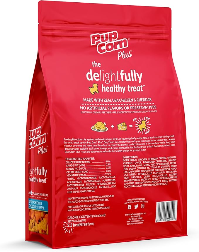 Pup Corn Plus - Puffed Dog Treats with Preiotics and Probiotics - Chicken & Cheddar Cheese, (8oz)