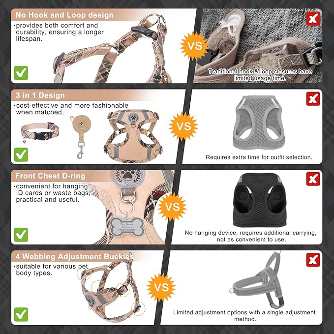 BEAUTYZOO Step in Dog Harness Collar and Leash Set for Small Medium Large Dogs, No Pull No Choke Puppy Harness,Soft Mesh Reflective Pet Padded Vest Adjustable for Doggie Girl or Boy,Chihuahua,Beige S