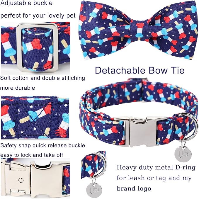 American Flag Dog Collar with Bow Tie, 4th of July Comfortable Cotton Cute Dog Collar with Metal Buckle, Patriotic Bowtie Collar for Puppy Girl Boy Dog or Cat, XS