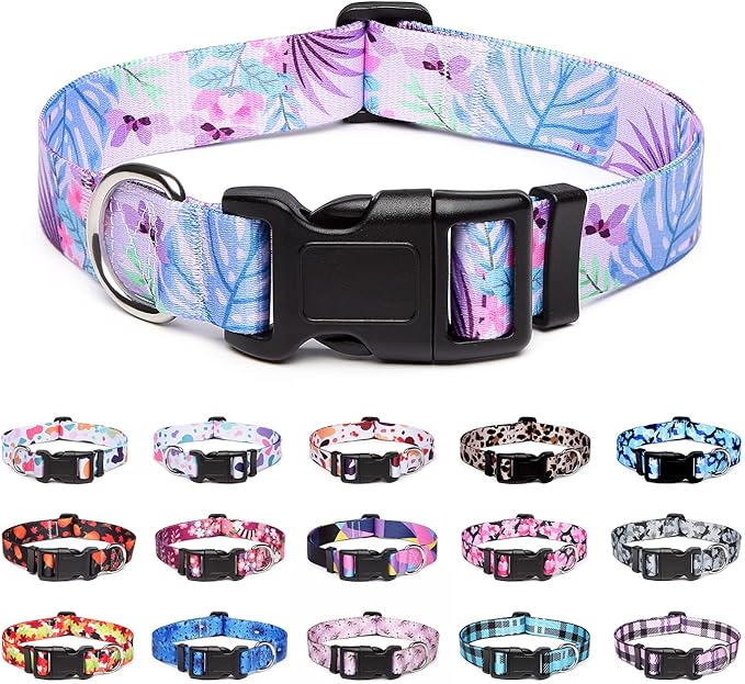 Adjustable Dog Collar with Patterns, Ultra Comfy Soft Nylon Breathable Pet Collar for Small Medium Large Dogs (M, Purple Flower)