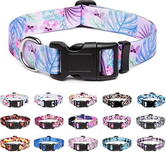 Adjustable Dog Collar with Patterns, Ultra Comfy Soft Nylon Breathable Pet Collar for Small Medium Large Dogs (M, Purple Flower)