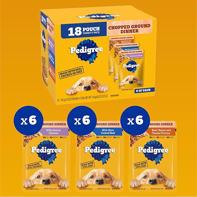 PEDIGREE CHOPPED GROUND DINNER Adult Soft Wet Dog Food Variety Pack, 3.5 Ounce - 18 Count (Pack of 1)