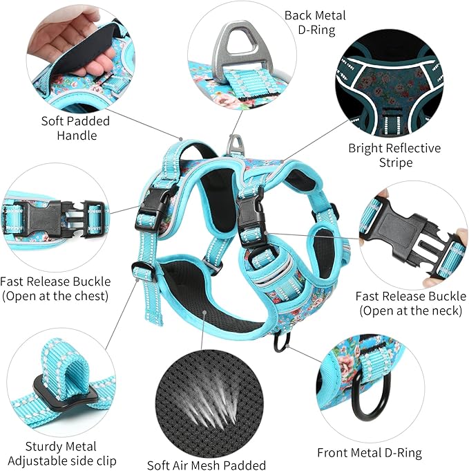 Timos No Pull Dog Harness,NO Need Go Over Dogs Head 3 Snap Buckles Reflective Oxford No Choke Puppy Harness with Front & Back 2 Metal Leash Clips Soft Padded for Small Medium Large Dogs