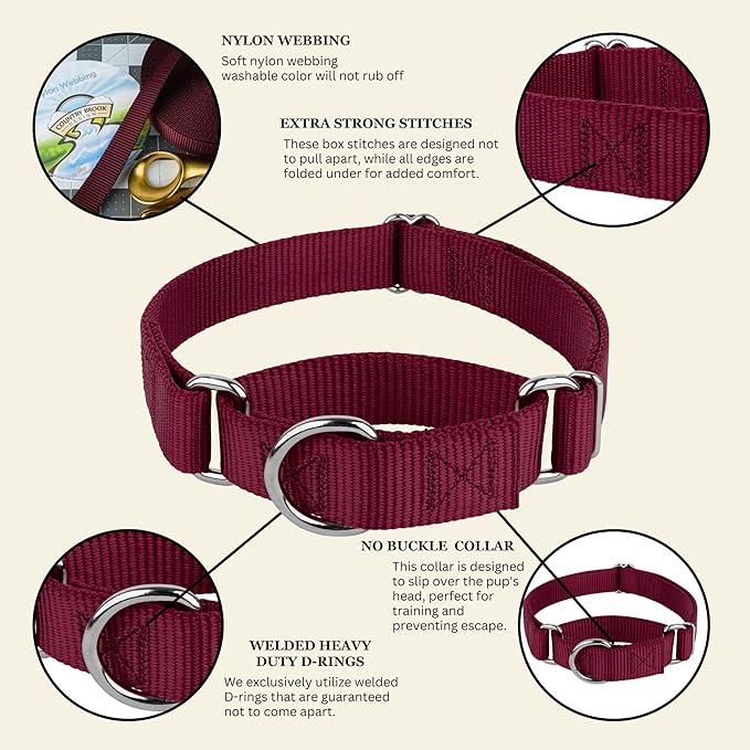Country Brook Petz Martingale Dog Collar - Heavy-Duty Training Collar with No Buckle - Service Dog Collar for All Pups - Vibrant, Colorful Collection (Burgundy, 1 Inch, Extra Large)
