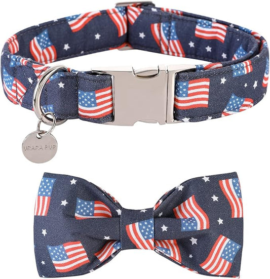 American Flag Dog Collar with Bow Tie, 4th of July Comfortable Cotton Cute Dog Collar with Metal Buckle, Patriotic Bowtie Collar for Puppy Girl Boy Dog, S