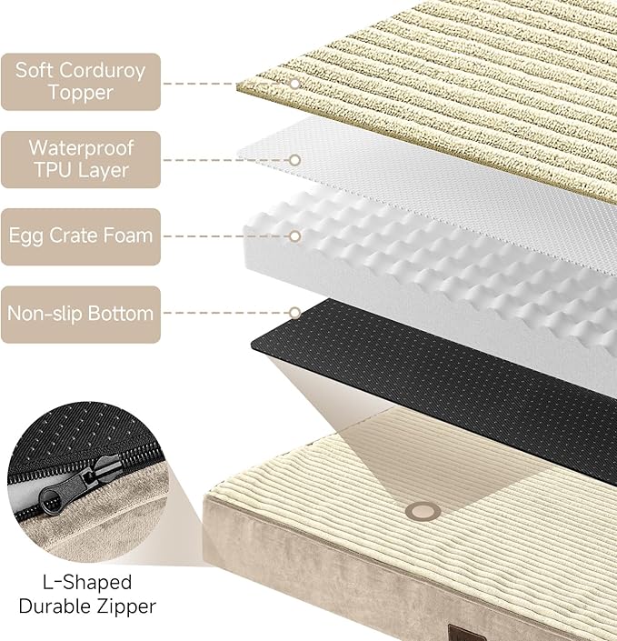 OhGeni Orthopedic Waterproof & Machine Washable Dog Bed for Medium Large Pets, Suitable for Crates, 25D Egg Crate Foam, Non-Slip Bottom & Removable Cover, Invisible Zipper, 35 Inches(Khaki)