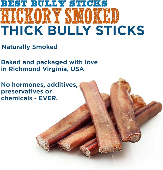 Best Bully Sticks Hickory Smoked Thick 6 Inch Bully Sticks - 5 Count (Pack of 1) - Natural, Grain and Odor-Free, Smoky Aroma, No Additives, Grass-Fed
