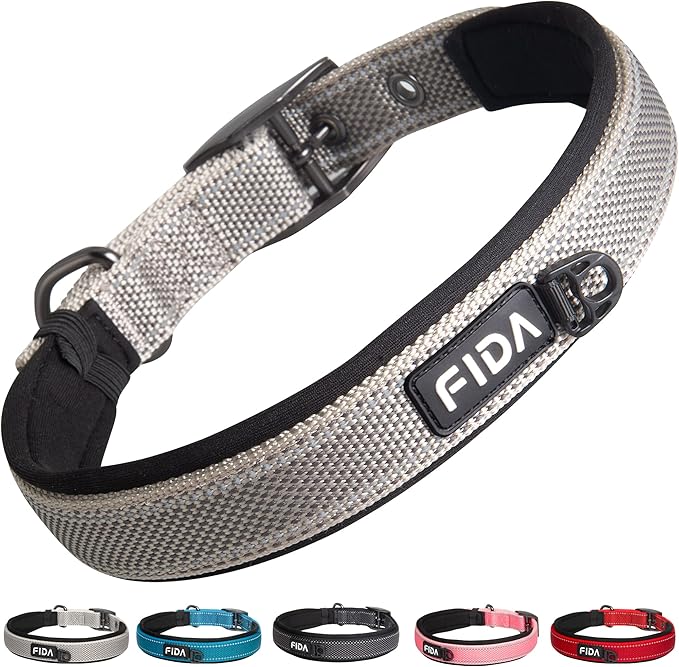 Fida Heavy Duty Dog Collar, Ultra Comfortable Soft Neoprene Padded, Adjustable Reflective Nylon Pet Collar with Durable Metal Belt Buckle for Large Breeds (L, Grey)