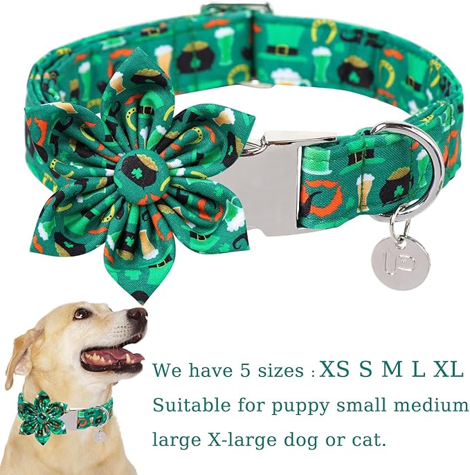 St. Patrick's Dog Collar with Flower, Cotton St. Patrick's Flower Collar for Girl Boy Dog, Lucky Shamrock Dog Collar with Metal Buckle, Green, Spring, S