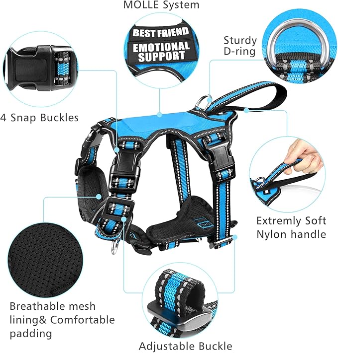 WINSEE Pet Harness Collar and Leash Set, All-in-one Reflective Dog Harness No Pull with Adjustable Buckles for Puppies, Small, Medium, Large, and Extra-Large Dogs (Medium, Blue)