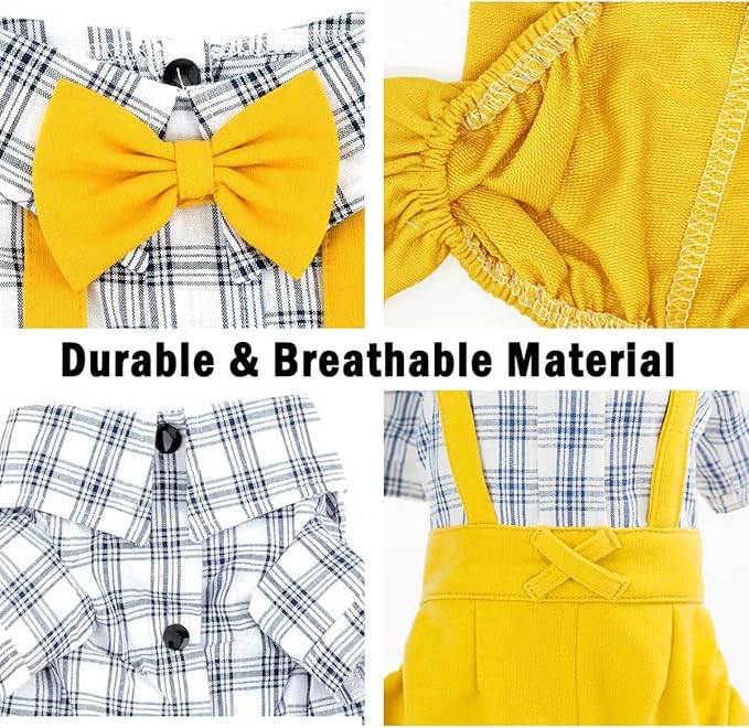 Dog Shirts Clothes Striped Onesies, Pet Plaid Overalls Apparel, Puppy Costumes Classic Black and White Jumpsuit with Bowtie for Small Medium Dogs Cats Boy Girl Wedding/Party (X-Small, Yellow)