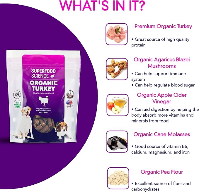 Organic Dog Treats for Small, Medium & Large Dogs – Turkey Training Treats for Puppies & Adult Dogs, Grain-Free, Hypoallergenic, All-Natural, Healthy, Low-Calorie, Semi-Soft Chews, Made in USA, 5 oz