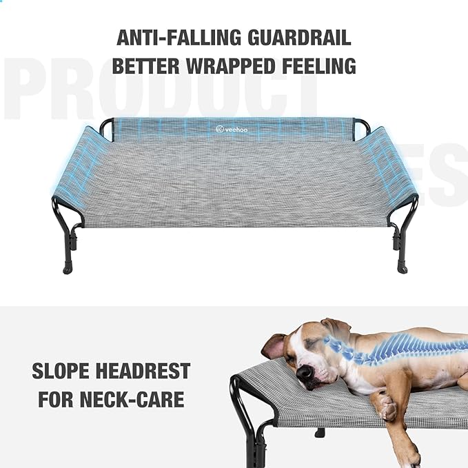 Veehoo Cooling Elevated Dog Bed, Raised Pet Cot with Guardrail & Slope Headrest, Durable Breathable Teslin Mesh, Non-Slip Feet, Washable Dog Couch Bed for Indoor & Outdoor, 39.5" x 28", Black Silver