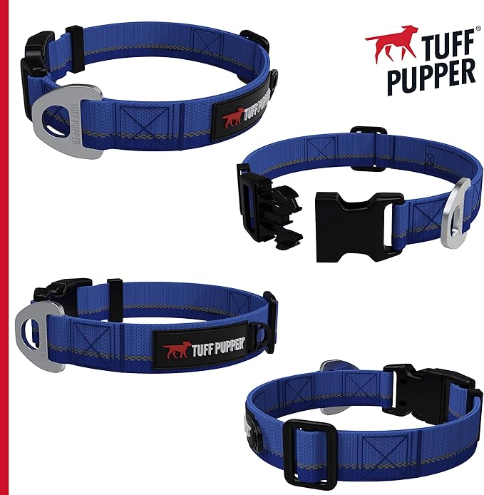 Tuff Pupper Heavy Duty Dog Collar | Reflective with Aluminum D-Ring Leash Clip | Separate Dog ID Tag Attachment | Easy Sizing for All Breeds