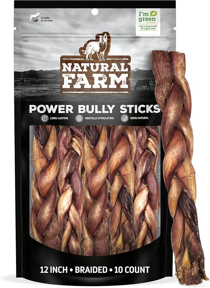 Natural Farm Braided Power Bully Sticks Dog Chews (12”, 10-Pack), 2-in-1 Power Chews: Premium Beef Cheek Wrapped in Beef Pizzle, Braided Together for a Very Long Lasting Chew, Great for Large Dogs
