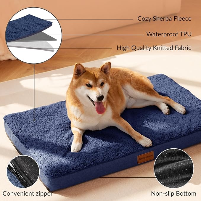 Patas Lague Orthopedic Dog Bed for Small Dogs, Soft Comfortable Waterproof Egg Crate Foam Small Pet Beds Mat with Removable Washable Cover, 20''X15'' Navy Blue