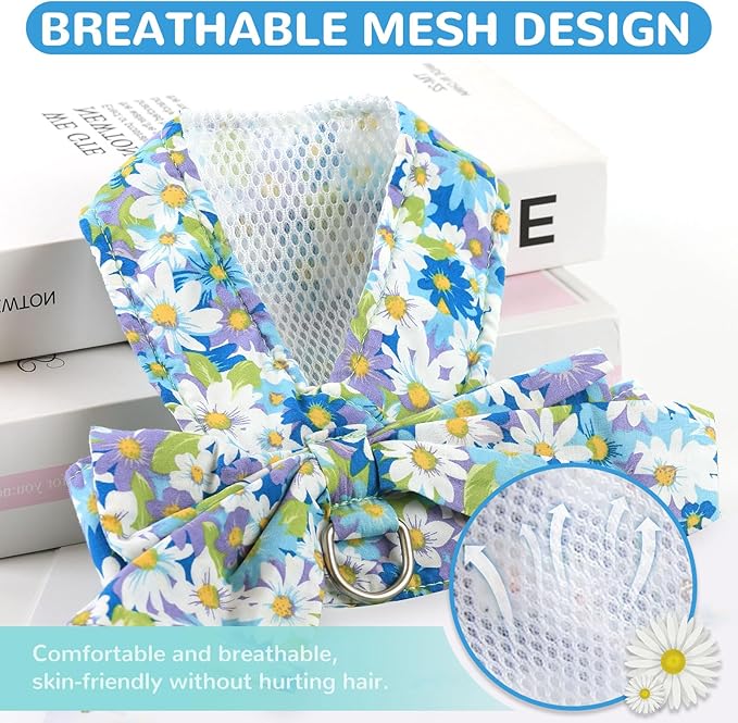 BAEJMJK Dog Harness and Leash Set with Bow Knot No Pull Pet Daisy Floral Harness with D-Ring Soft Mesh Dog Harness Vest Set Escape Proof Princess Puppy Harness for Small Girl Dogs Cats(Blue A XS)