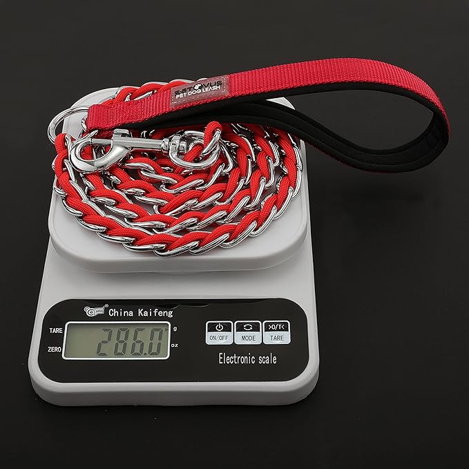 Chew Proof Metal Leash Chain for Medium Large Dogs, 4FT Strong Anti Chew, Comfortable Soft Padded Handle - Red
