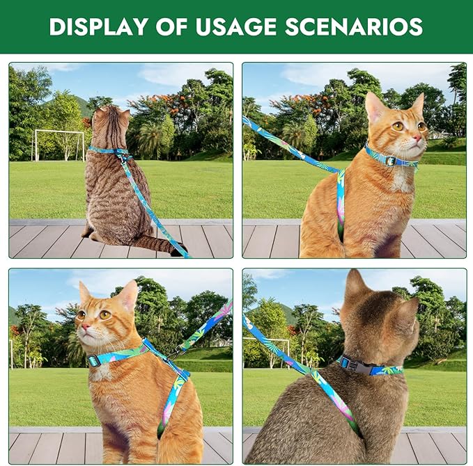 Cat Harness and Leash Set - Escape Proof Adjustable Cat Harness, Comfortable Soft Lightweight, Use Safe & Easy, Walking Travel Kitten Harness for Small Medium Large Cats (Hawaii Green)