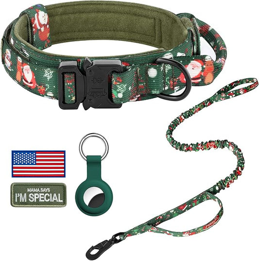 DAGANXI Tactical Dog Collar, Adjustable Military Training Nylon Dog Collar with Control Handle and Heavy Metal Buckle for Medium and Large Dogs, with Patches and Airtags Case (M, Christmas Green-Set)